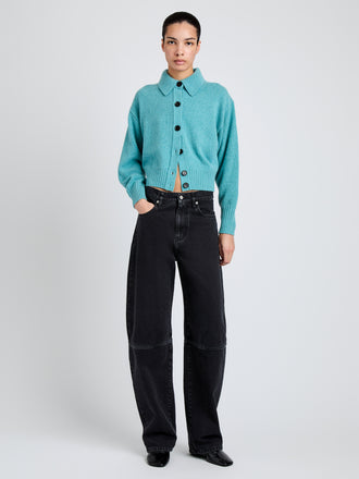 Proenza Schouler Front full length image of model wearing Rocio Cardigan in Cashmere in Teal