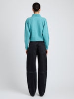Proenza Schouler Back full length image of model wearing Rocio Cardigan in Cashmere in Teal