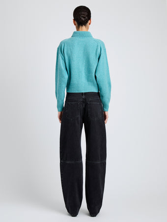 Proenza Schouler Back full length image of model wearing Rocio Cardigan in Cashmere in Teal