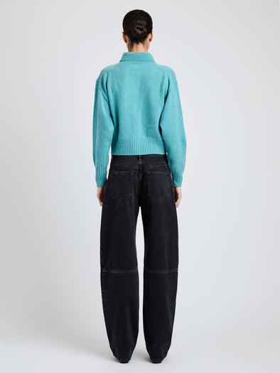Proenza Schouler Back full length image of model wearing Rocio Cardigan in Cashmere in Teal