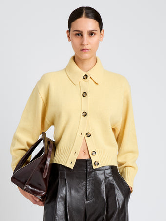 Proenza Schouler Front cropped image of model wearing Rocio Cardigan in Cashmere in Pale Yellow