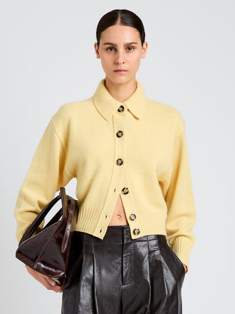 Proenza Schouler Front cropped image of model wearing Rocio Cardigan in Cashmere in Pale Yellow