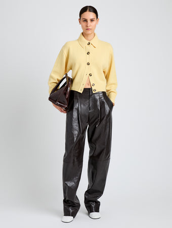 Proenza Schouler Front full length image of model wearing Rocio Cardigan in Cashmere in Pale Yellow