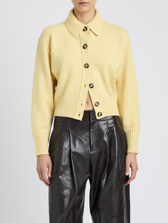 Proenza Schouler Detail image of model wearing Rocio Cardigan in Cashmere in Pale Yellow