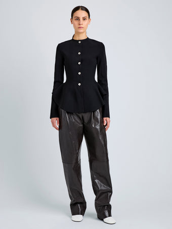 Proenza Schouler Front full length image of model wearing Dasha Jacket in Compact Viscose in Black
