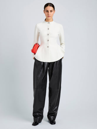 Proenza Schouler Front full length image of model wearing Dasha Jacket in Compact Viscose in Off White