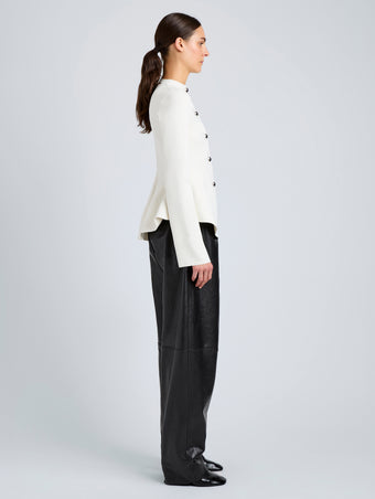 Proenza Schouler Side full length image of model wearing Dasha Jacket in Compact Viscose in Off White