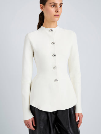 Proenza Schouler Detail image of model wearing Dasha Jacket in Compact Viscose in Off White