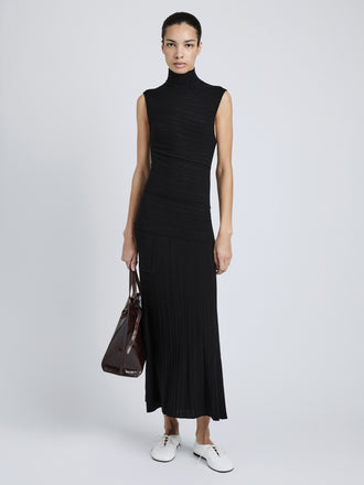 Proenza Schouler Front full length image of model wearing Federica Dress in Micro Pleat Knit in Black