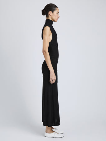 Proenza Schouler Side full length image of model wearing Federica Dress in Micro Pleat Knit in Black
