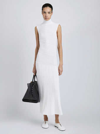 Proenza Schouler Front full length image of model wearing Federica Dress in Micro Pleat Knit in White