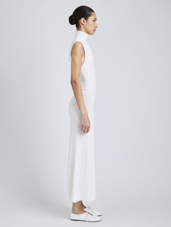 Proenza Schouler Side full length image of model wearing Federica Dress in Micro Pleat Knit in White