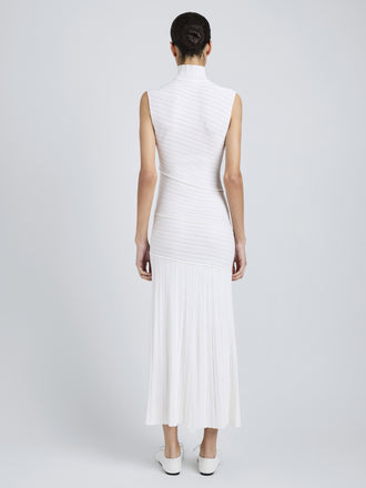 Proenza Schouler Back full length image of model wearing Federica Dress in Micro Pleat Knit in White