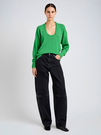 Proenza Schouler Front full length image of model wearing Niccola Top in Cotton Tape Knit in Green