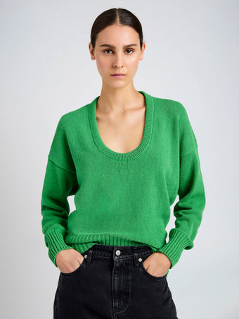 Proenza Schouler Detail image of model wearing Niccola Top in Cotton Tape Knit in Green