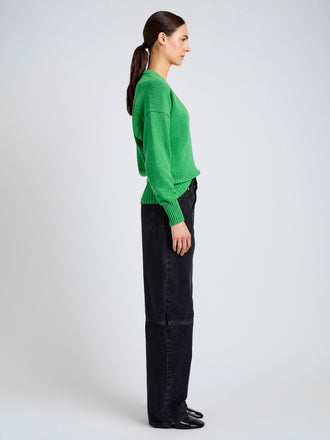 Proenza Schouler Side full length image of model wearing Niccola Top in Cotton Tape Knit in Green