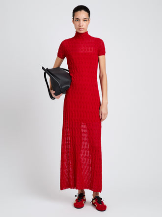 Proenza Schouler Front full length image of model wearing Zein Dress in Geo Textured Knit in Vermillion