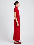 Proenza Schouler Side full length image of model wearing Zein Dress in Geo Textured Knit in Vermillion
