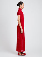 Proenza Schouler Side full length image of model wearing Zein Dress in Geo Textured Knit in Vermillion