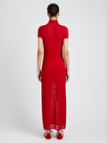 Proenza Schouler Back full length image of model wearing Zein Dress in Geo Textured Knit in Vermillion