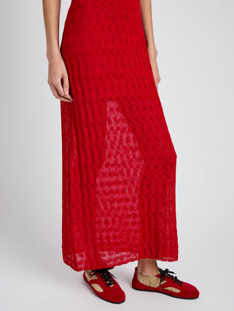 Proenza Schouler Detail image of model wearing Zein Dress in Geo Textured Knit in Vermillion