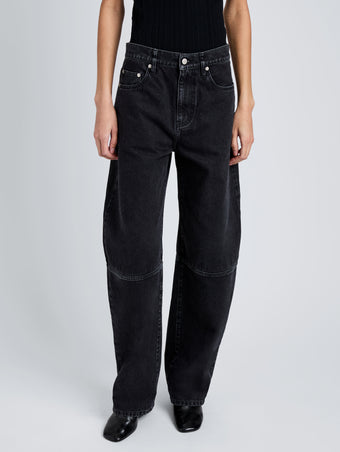 Proenza Schouler Detail image of model wearing Fontana Jean in Black Rigid Denim in Black
