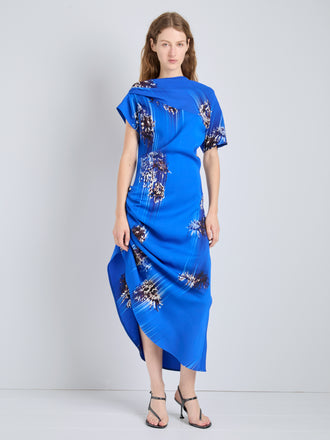 Proenza Schouler Front full length image of model wearing Antonella Dress in Printed Viscose Cady in Cerulean Multi