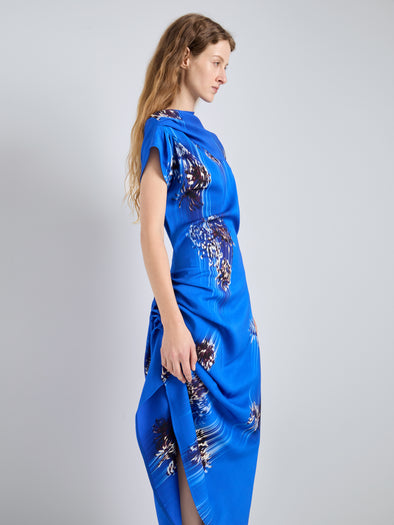 Proenza Schouler Detail image of model wearing Antonella Dress in Printed Viscose Cady in Cerulean Multi