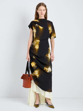 Proenza Schouler Front full length image of model wearing Antonella Dress in Printed Viscose Cady in Black Multi