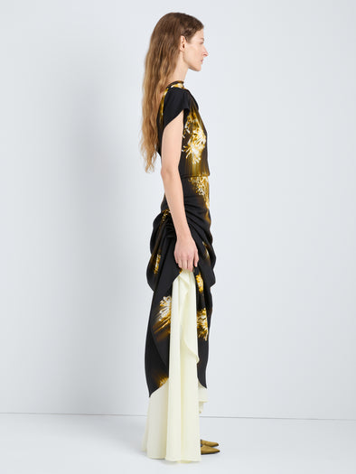 Proenza Schouler Side full length image of model wearing Antonella Dress in Printed Viscose Cady in Black Multi