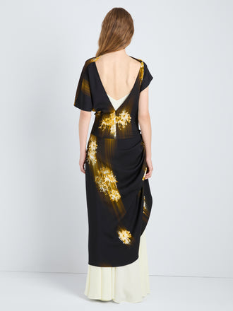 Proenza Schouler Back full length image of model wearing Antonella Dress in Printed Viscose Cady in Black Multi