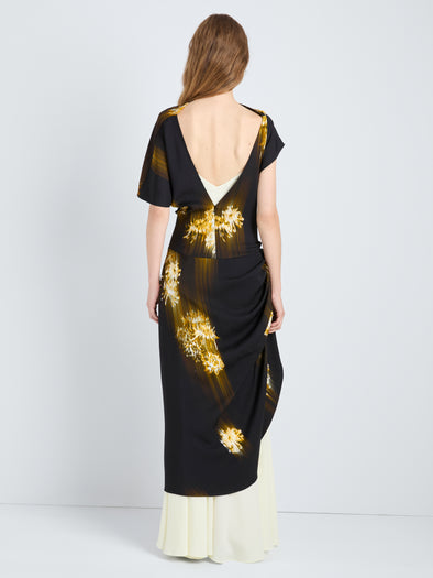 Proenza Schouler Back full length image of model wearing Antonella Dress in Printed Viscose Cady in Black Multi