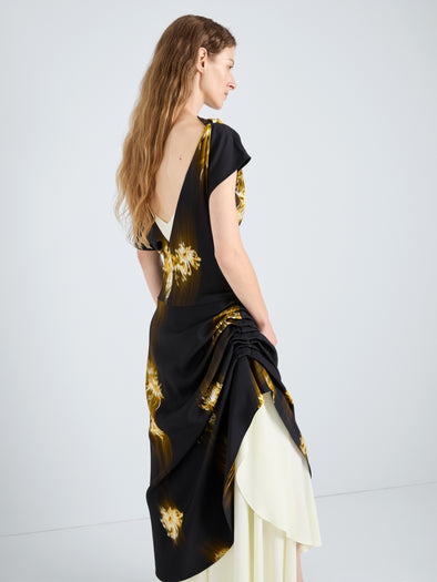 Proenza Schouler Detail image of model wearing Antonella Dress in Printed Viscose Cady in Black Multi