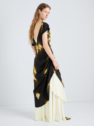 Proenza Schouler Front full length image of model wearing Antonella Dress in Printed Viscose Cady in Black Multi