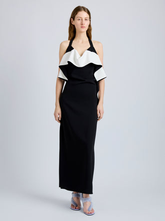Proenza Schouler Front full length image of model wearing Sanna Dress in Matte Double Crepe in BlackIvory
