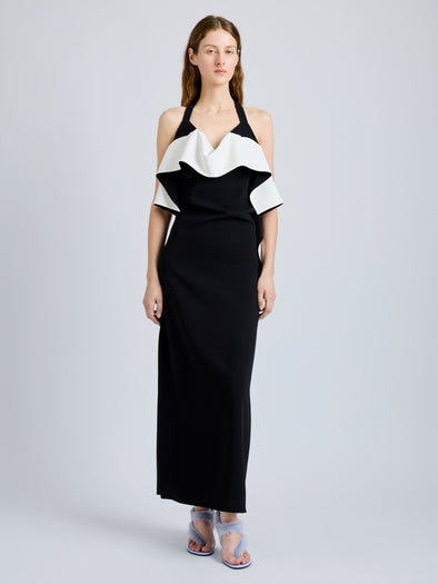 Proenza Schouler Front full length image of model wearing Sanna Dress in Matte Double Crepe in BlackIvory