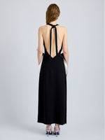 Proenza Schouler Back full length image of model wearing Sanna Dress in Matte Double Crepe in BlackIvory