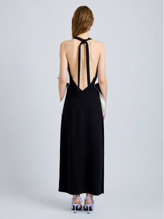 Proenza Schouler Back full length image of model wearing Sanna Dress in Matte Double Crepe in BlackIvory