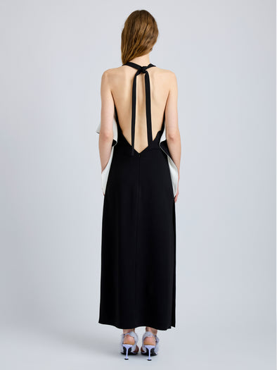 Proenza Schouler Back full length image of model wearing Sanna Dress in Matte Double Crepe in BlackIvory