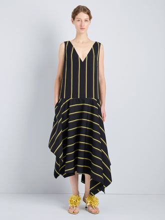 Proenza Schouler Front full length image of model wearing Beatriz Dress in Cotton Silk Shirting in Black Multi