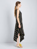 Proenza Schouler Side full length image of model wearing Beatriz Dress in Cotton Silk Shirting in Black Multi