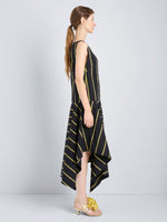 Proenza Schouler Side full length image of model wearing Beatriz Dress in Cotton Silk Shirting in Black Multi