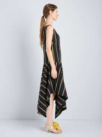 Proenza Schouler Side full length image of model wearing Beatriz Dress in Cotton Silk Shirting in Black Multi