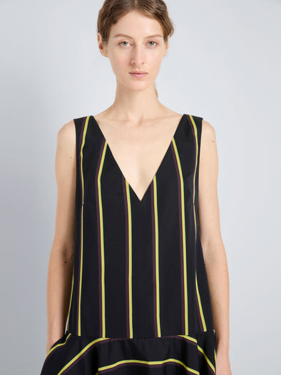 Proenza Schouler Detail image of model wearing Beatriz Dress in Cotton Silk Shirting in Black Multi