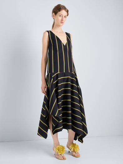 Proenza Schouler Front full length image of model wearing Beatriz Dress in Cotton Silk Shirting in Black Multi