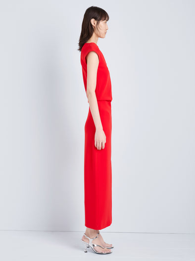 Proenza Schouler Side full length image of model wearing Damea Dress in Matte Double Crepe in Tomato