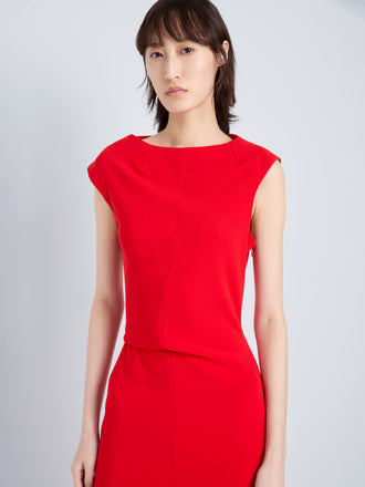 Proenza Schouler Detail image of model wearing Damea Dress in Matte Double Crepe in Tomato