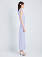 Proenza Schouler Side full length image of model wearing Damea Dress in Matte Double Crepe in Wisteria