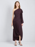 Proenza Schouler Front full length image of model wearing Gabri Dress in Gauzy Pleated Jersey in Aubergine