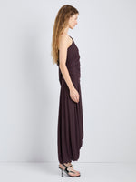 Proenza Schouler Side full length image of model wearing Gabri Dress in Gauzy Pleated Jersey in Aubergine